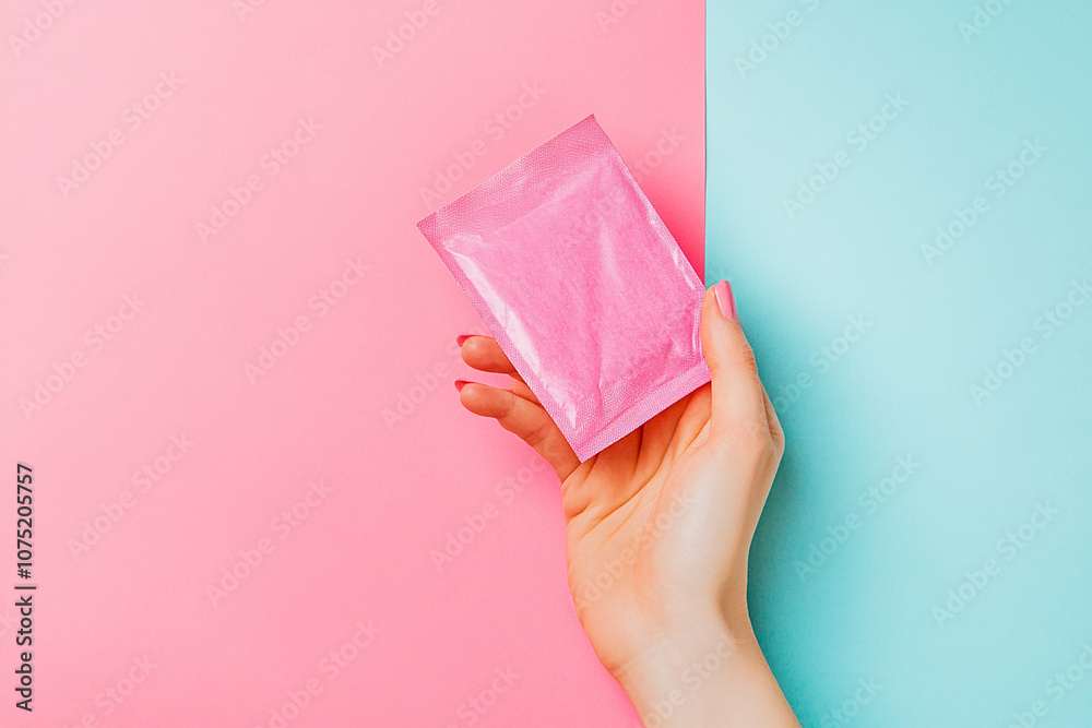 Fototapeta premium Close-up of a hand holding a package of pink feminine hygiene pads on a pastel background