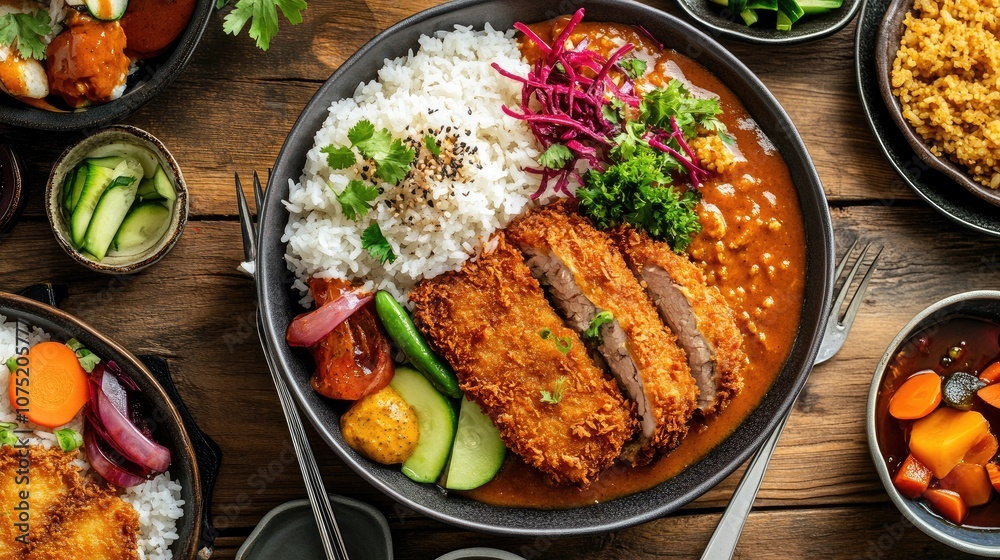 Delicious and Flavorful Plate of Crispy Fried Chicken Cutlet Served with Rice, Fresh Vegetables, and Colorful Garnishes on a Rustic Wooden Table Delicious and Flavorful Plate of Crispy Fried Chicken Cutlet Served with Rice, Fresh Vegetables, and Colorful Garnishes on a Rustic Wooden Table