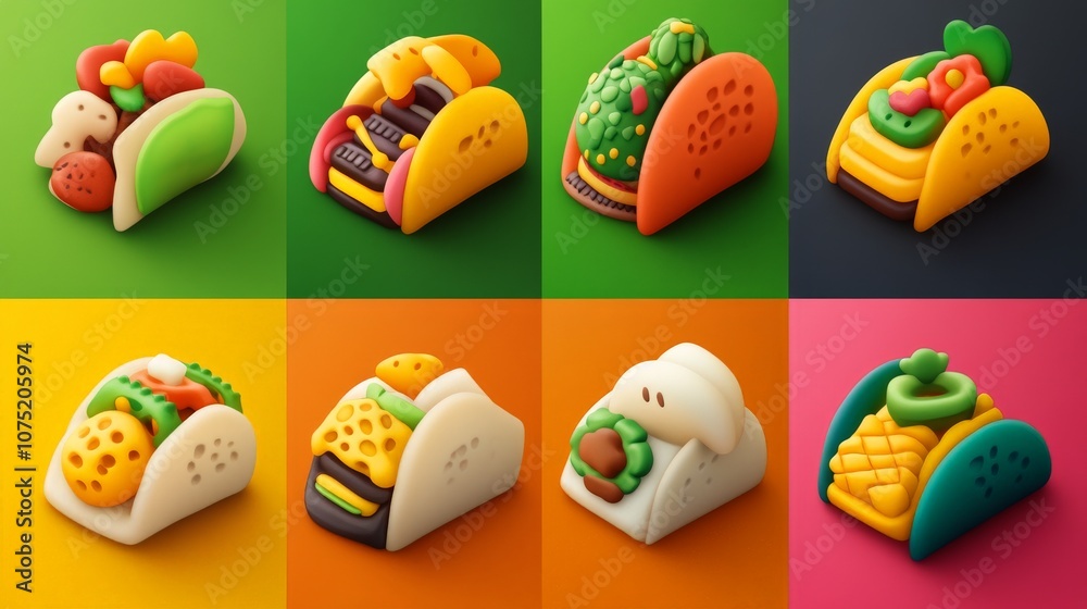 Colorful Taco Icons with Various Toppings in Grid Style Colorful Taco Icons with Various Toppings in Grid Style