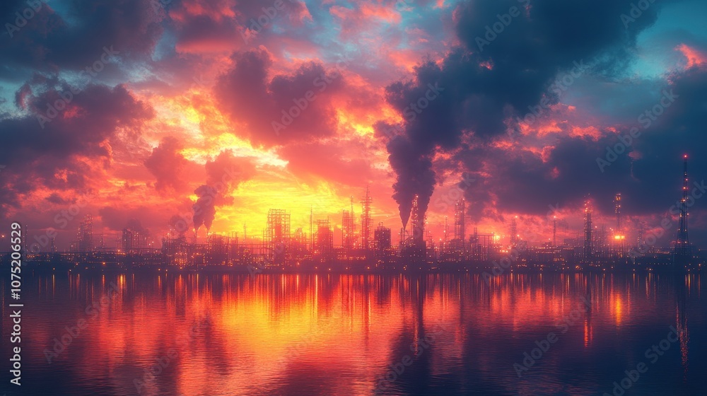 Fototapeta premium Industrial skyline at sunset with smoke and reflections on water.