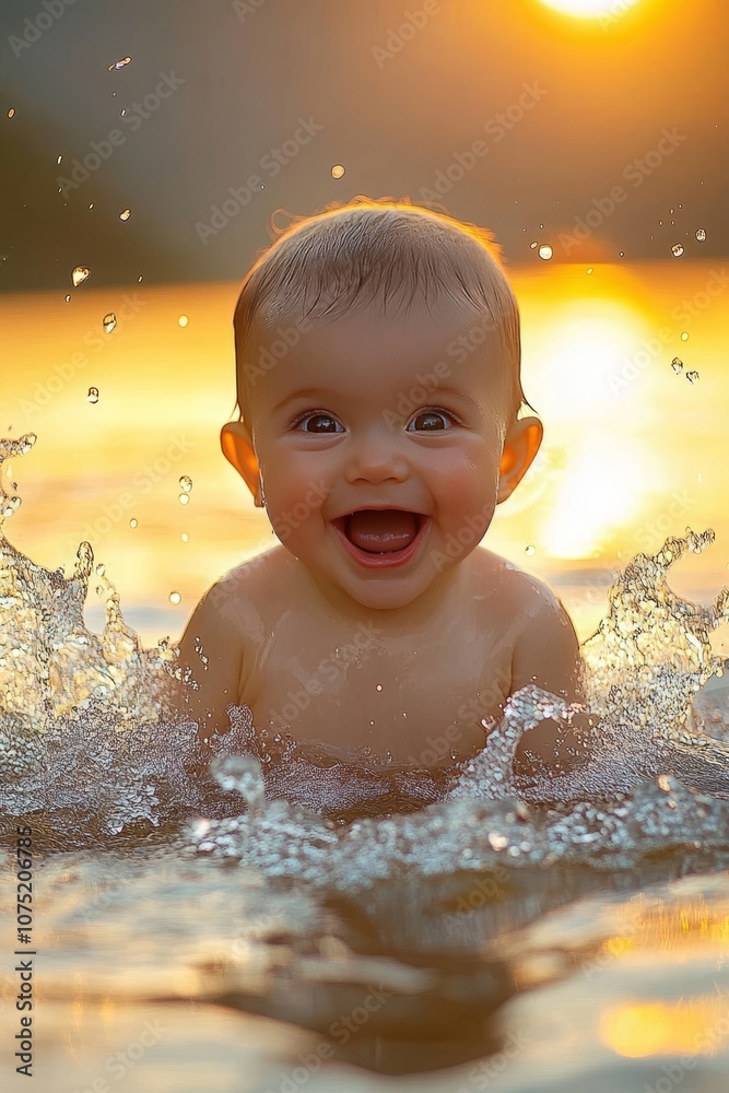 Golden Hour Joy A Babys Delightful Emergence from the Water with Golden Sunset Backdrop. Golden Hour Joy A Babys Delightful Emergence from the Water with Golden Sunset Backdrop.