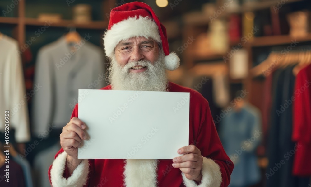 Naklejka premium Man in red Santa suit holding blank sign in clothing store. The image conveys festive and cheerful mood