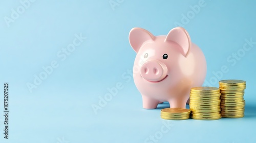 A pink piggy bank next to stacks of coins on a light blue background, symbolizing savings and financial planning. photo