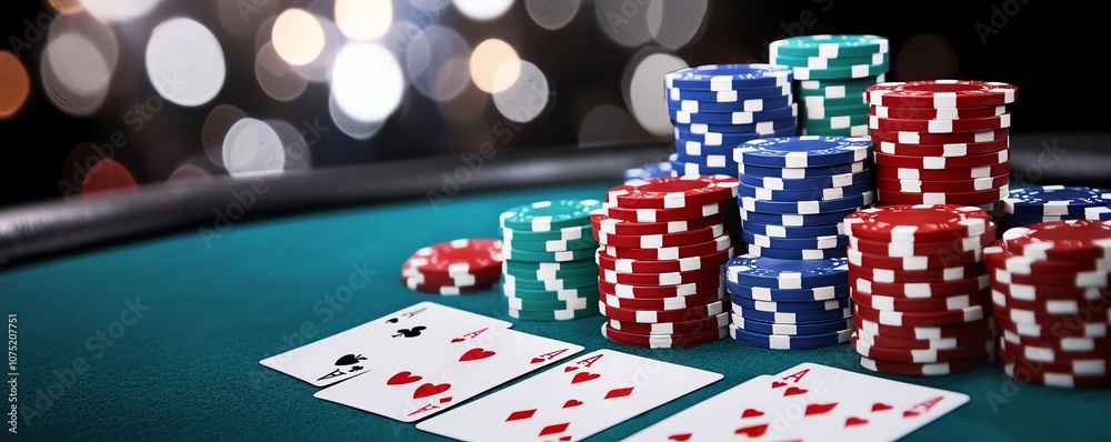 Obraz premium A lively casino scene showcasing stacks of colorful poker chips and deck of playing cards on a green poker table, with a blurred background that adds an exciting atmosphere.