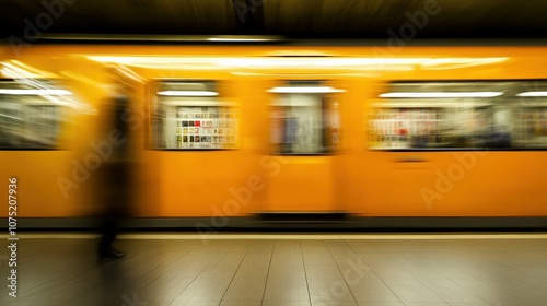 train speeding through a station, intense motion blur on the train, stationary platform details in focus