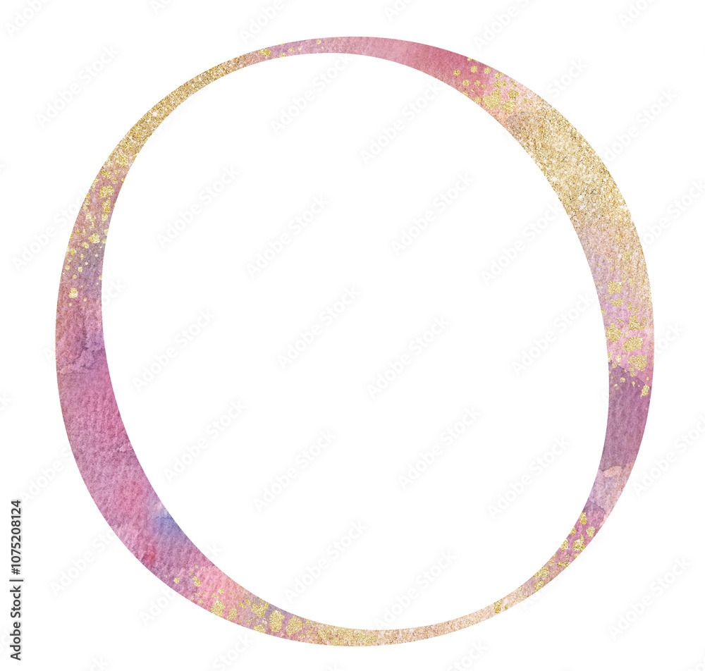 Light pink watercolor letter O with golden splashes, romantic wedding isolated monogram initials Light pink watercolor letter O with golden splashes, romantic wedding isolated monogram initials
