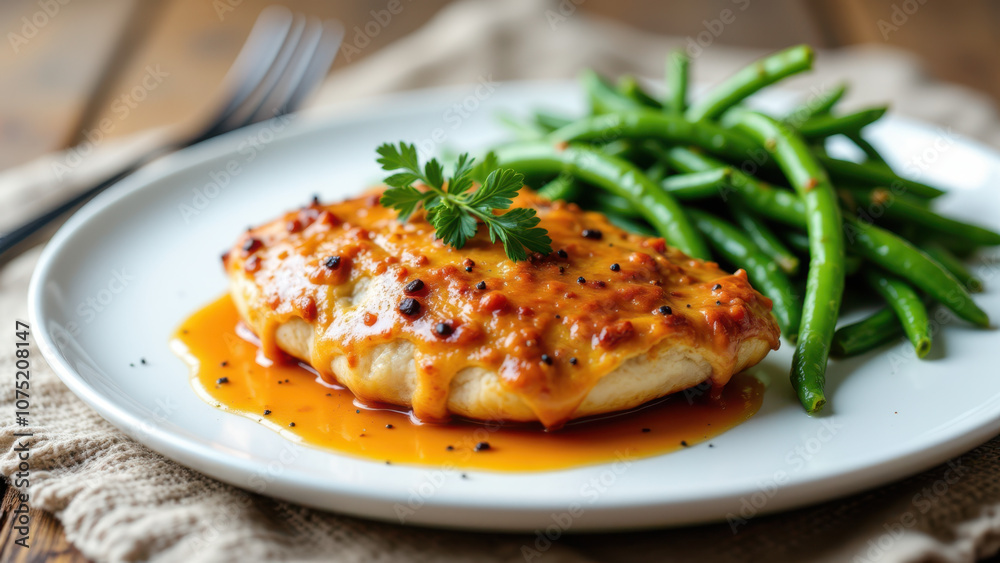 Delicious Marry Me Chicken with a creamy sauce, garlic, and green beans on a plate ready to eat. Delicious Marry Me Chicken with a creamy sauce, garlic, and green beans on a plate ready to eat.