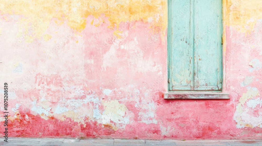 Naklejka premium A faded wall painted in soft pastel hues, featuring a weathered turquoise window, creating a vintage aesthetic with texture and charm.