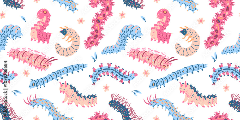 Cute caterpillars. Seamless pattern.
