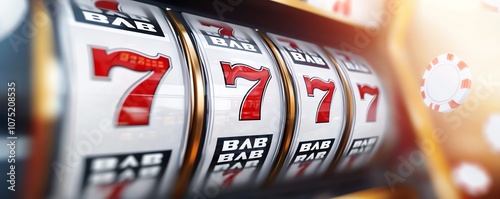 Close-up of a slot machine displaying lucky sevens, symbolizing success, gambling, and excitement in a vibrant casino setting. Perfect for themes of chance and entertainment. photo