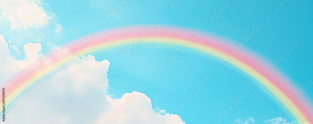 A vibrant rainbow arches across a clear blue sky, framed by fluffy white clouds, creating a serene and uplifting atmosphere. A vibrant rainbow arches across a clear blue sky, framed by fluffy white clouds, creating a serene and uplifting atmosphere.