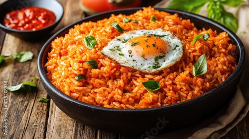 Vibrant Bowl of Spicy Tomato Rice Garnished with Fresh Herbs and a Fried Egg on Rustic Wooden Background