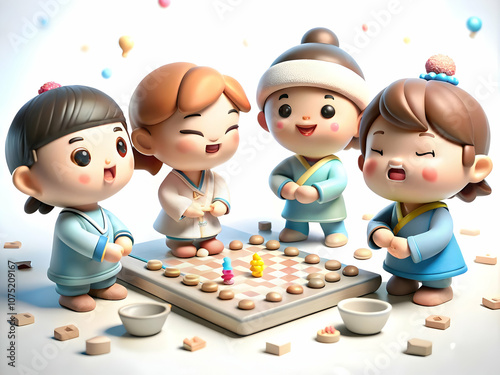 Candid Children Playing Yutnori Seollal Festivities Traditional Korean Board Game Joyful Celebration Cultural Heritage Ample Copy Space Festive Decorations Fun Photography Stock Image photo