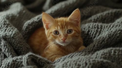 ginger kitten resting on a gray blanket, cozy setting, warm lighting