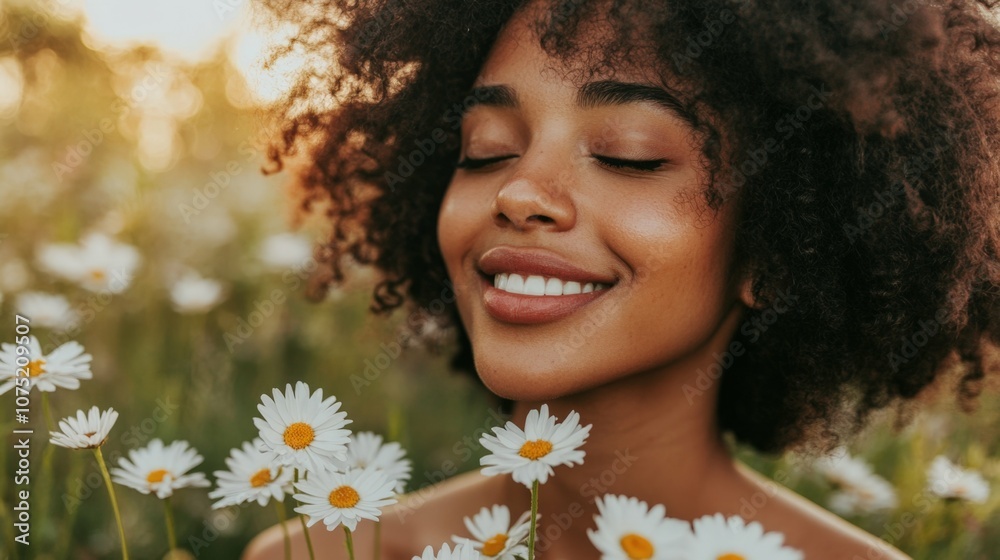 Happy woman smelling daisies surrounded by flowers, in a blurred field under soft daylight Happy woman smelling daisies surrounded by flowers, in a blurred field under soft daylight