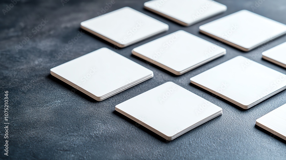 Nine white square coasters arranged neatly on a textured dark surface, showcasing minimalist design and organization. Perfect for modern interior and graphic design concepts. Nine white square coasters arranged neatly on a textured dark surface, showcasing minimalist design and organization. Perfect for modern interior and graphic design concepts.