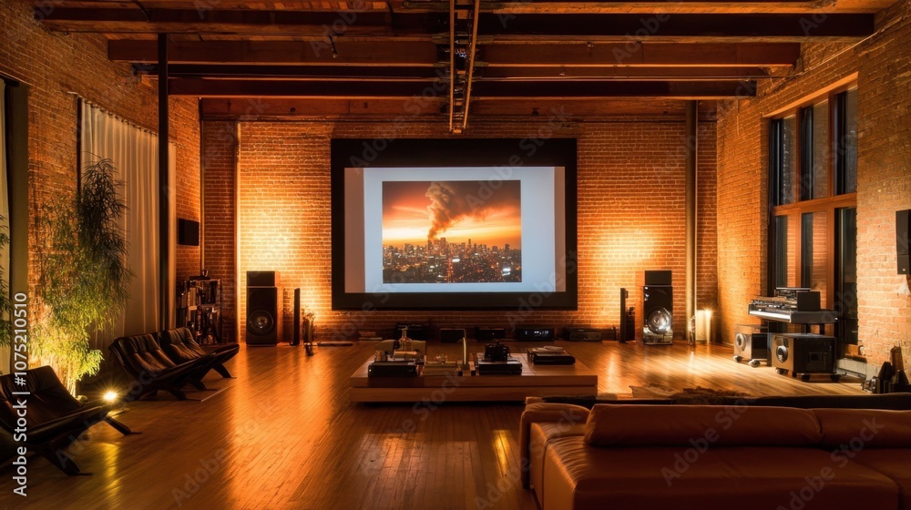 Fototapeta premium Modern Home Theater with Dramatic Cityscape Display