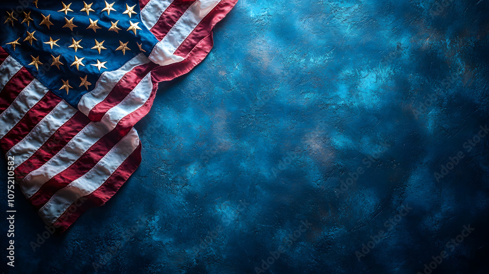 A blue background with an American flag on the left side of it
A blue background with an American flag on the left side of it