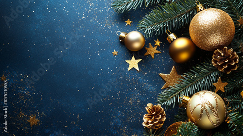 Christmas decor. Golden balls and stars on Christmas tree branch on blue background. Copy space. Top view. 