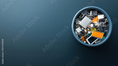 A rubbish bin filled with old gadgets and obsolete technology, set against a digital transformationthemed business background photo