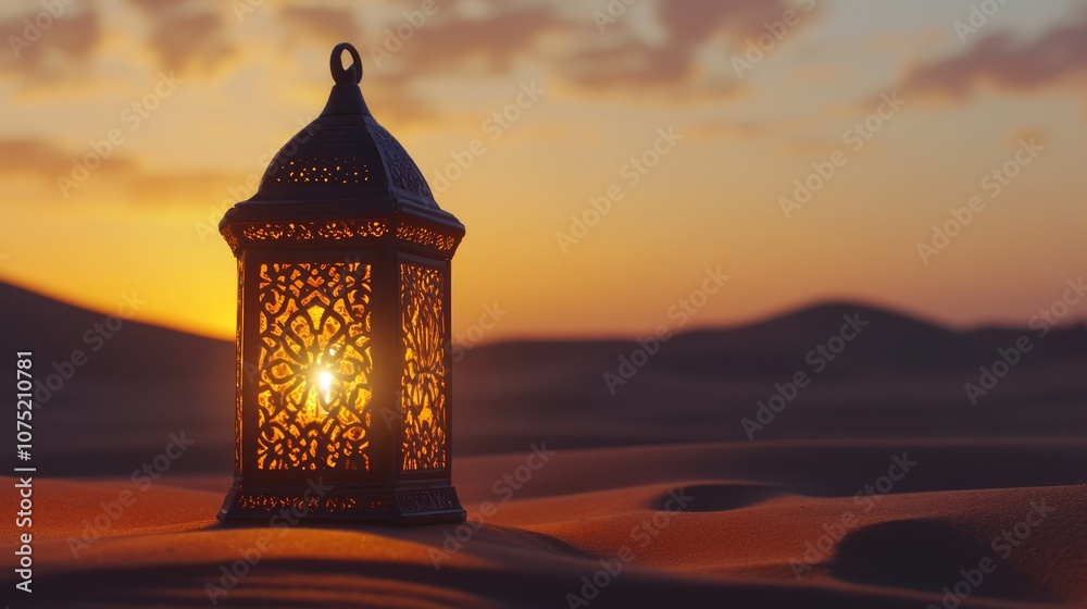 A glowing lantern sits on a sand dune in a desert at sunset. A glowing lantern sits on a sand dune in a desert at sunset.