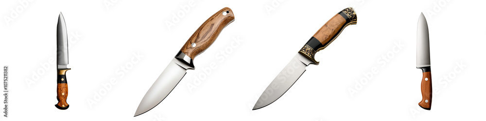 Obraz premium Set of four decorative knives with wooden handles on a white background.