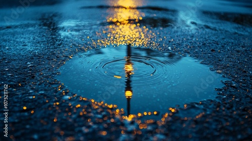 Reflections in Water Puddle on a Rainy Evening photo