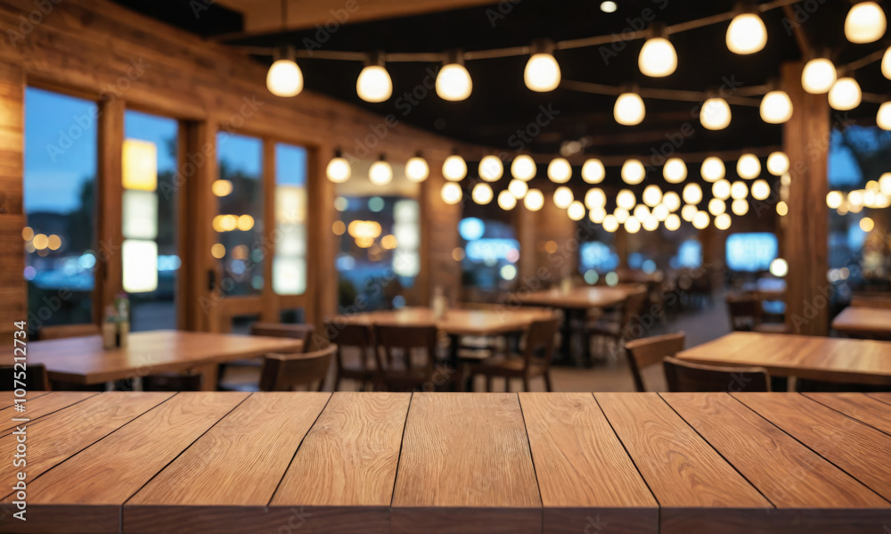 A wooden table sits in the center of a dimly lit restaurant, with string lights hanging above A wooden table sits in the center of a dimly lit restaurant, with string lights hanging above