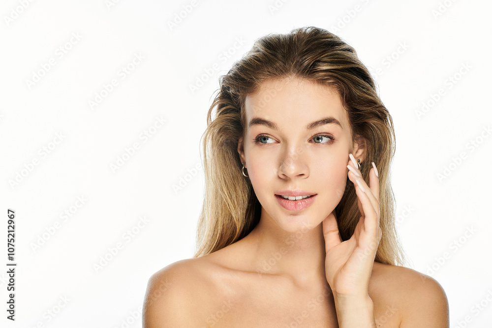 The young woman touches her face gently, showcasing her natural beauty and soft features. The young woman touches her face gently, showcasing her natural beauty and soft features.