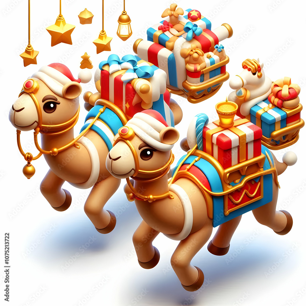 Fototapeta premium 3D Reyes Magos Floating Camels Vector Illustration Festive Decorations Symbolizing Journey Isolated White Background Perfect Infographics Adobe Stock Materials