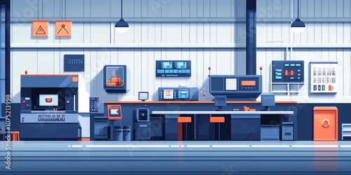 Modern factory interior with industrial machines, control panels and computers.