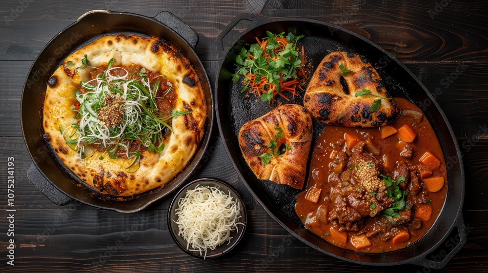 Halal food ingredients cooking. A delicious assortment of hearty dishes featuring a baked bread platter and savory meat in sauce, garnished with herbs and cheese. Halal food ingredients cooking. A delicious assortment of hearty dishes featuring a baked bread platter and savory meat in sauce, garnished with herbs and cheese.