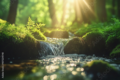 Photography Close-up of flowing water in the rocks, with sunlight, mossy stones