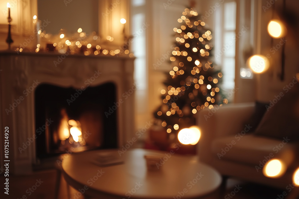 Cozy living room adorned for the holidays with a sparkling Christmas tree and a warm fireplace glowing softly in the evening light. Generative AI