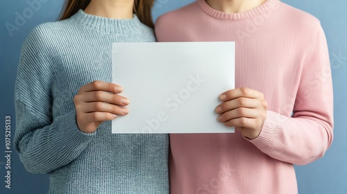 Closeup of smiling young couple holding property loan approval letter, cityscape in background, bright daylight, hopeful mood photo