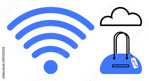 wireless signal, cloud, and shopping bag with price tag. Ideal for e-commerce, digital marketing, online shopping, internet services, cloud computing modern retail virtual markets. Line metaphor