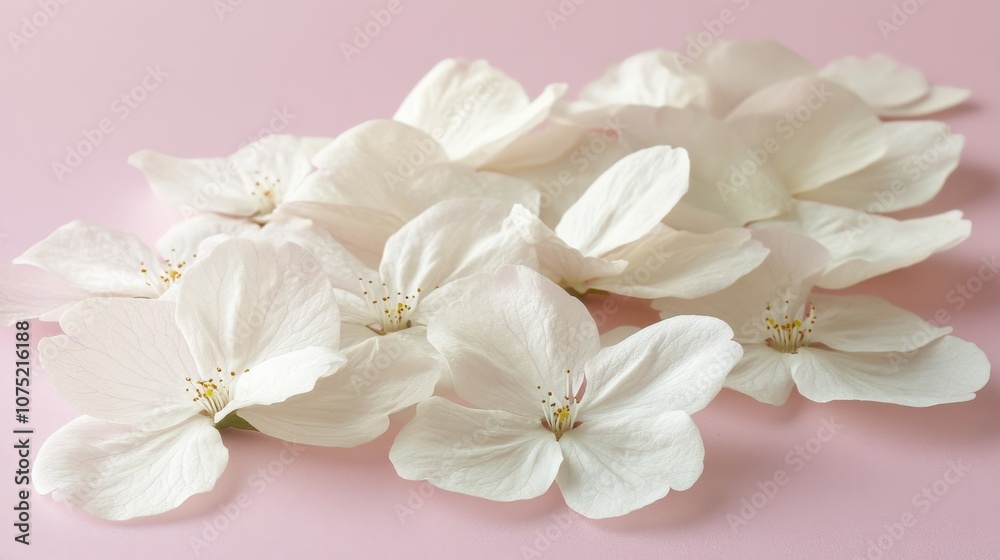 Delicate White Blossom Arrangement on Soft Pink Background Delicate White Blossom Arrangement on Soft Pink Background