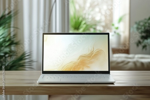 Wallpaper Mural Modern Sleek Laptop on Wooden Table with Soft Background Torontodigital.ca