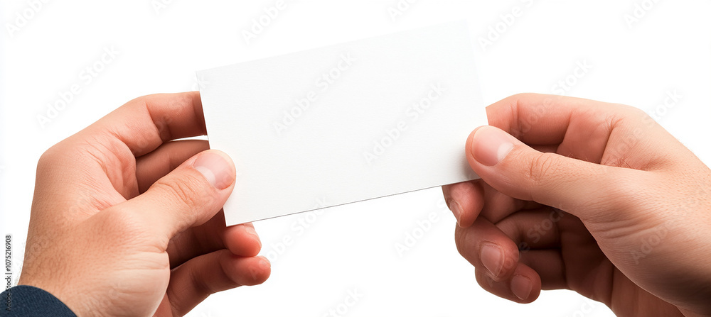 Close-up of hands holding a blank business card on a white background Close-up of hands holding a blank business card on a white background