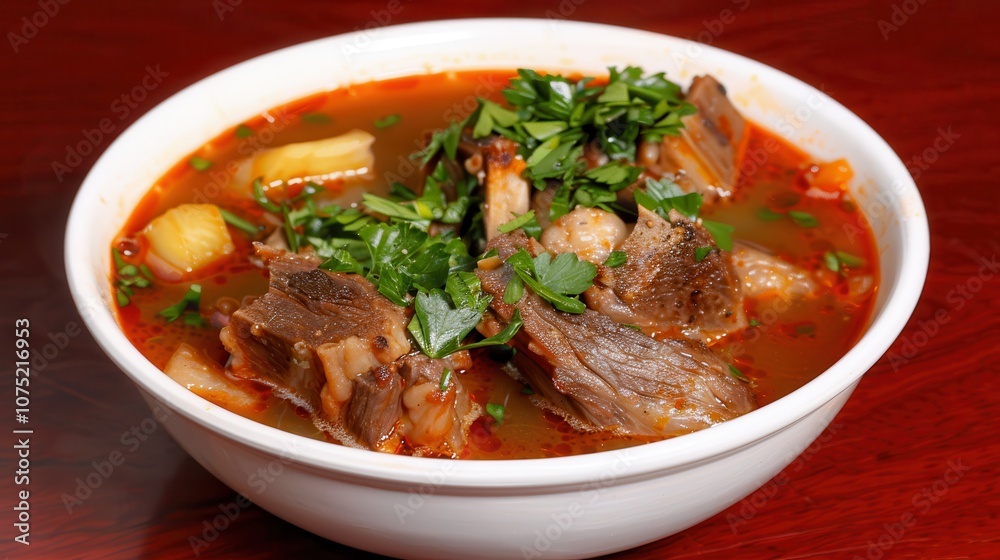 Halal food ingredients cooking. A rich, savory soup featuring tender meat, fresh herbs, and spices, served in a white bowl against a dark wooden background. Halal food ingredients cooking. A rich, savory soup featuring tender meat, fresh herbs, and spices, served in a white bowl against a dark wooden background.