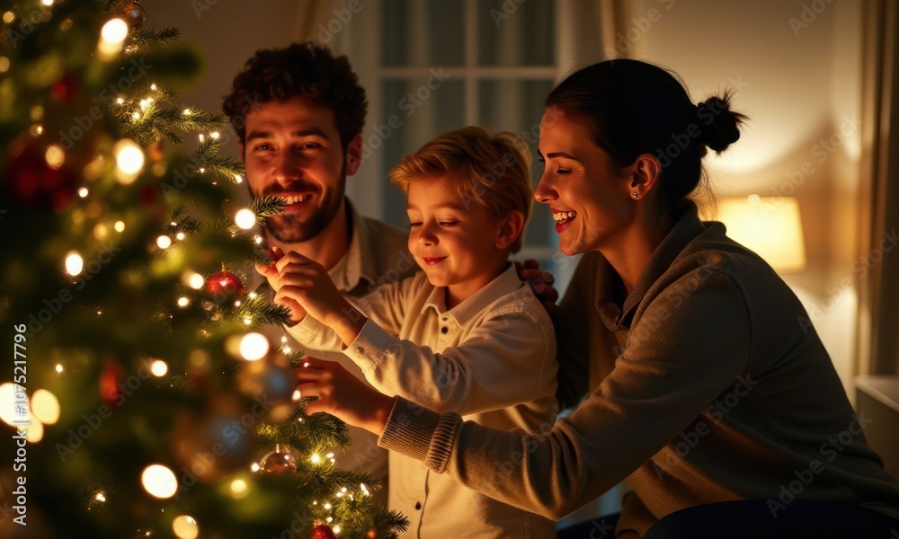 Happy family decorating Christmas tree together Happy family decorating Christmas tree together