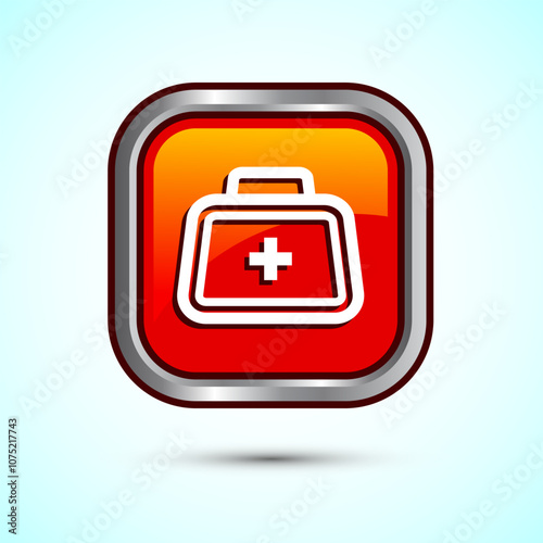 Medical first aid kit icon, Medicine emergency box health care sign. Orange Color Square Button Design