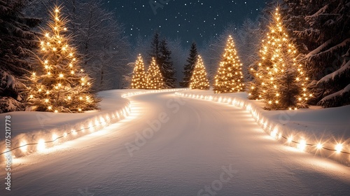 Snowy Road with Illuminated Christmas Trees, a magical and festive atmosphere.