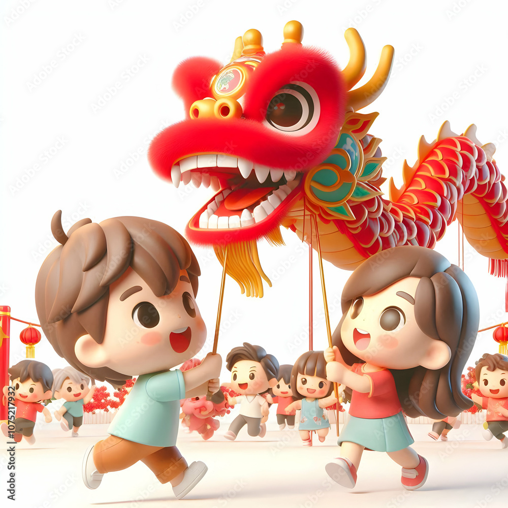 Fototapeta premium 3D Candid Photo Children Playing Dragon Dance Puppets Park Copy Space, Children Playing Dragon Dance Puppets, Chinese New Year Traditions, 3D Icon Cute Chibi Isolated White Background
