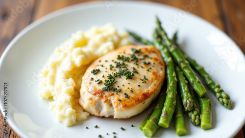 A plate of Mary's chicken with mashed potatoes and asparagus on a table.