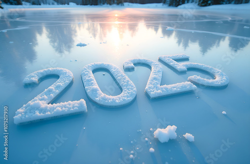 Wallpaper Mural The numbers 2025 as New Year symbol written with snow on blue lake ice. Greeting card with winter landscape, copy space Torontodigital.ca