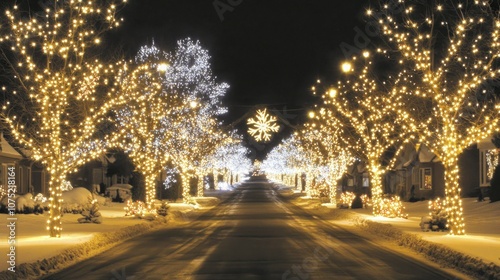 Beautiful Winter Wonderland Street Decorated with Twinkling Lights and Snow-Covered Trees During the Holiday Season at Night