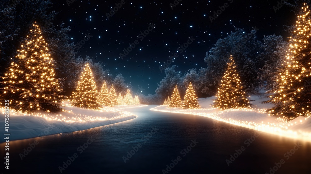 Snowy Road with Illuminated Christmas Trees, a magical and festive atmosphere. Snowy Road with Illuminated Christmas Trees, a magical and festive atmosphere.