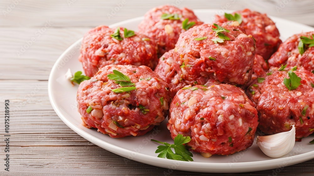 Halal food ingredients cooking. Freshly made meatballs garnished with herbs, resting on a white plate, showcasing a savory and appetizing dish. Halal food ingredients cooking. Freshly made meatballs garnished with herbs, resting on a white plate, showcasing a savory and appetizing dish.