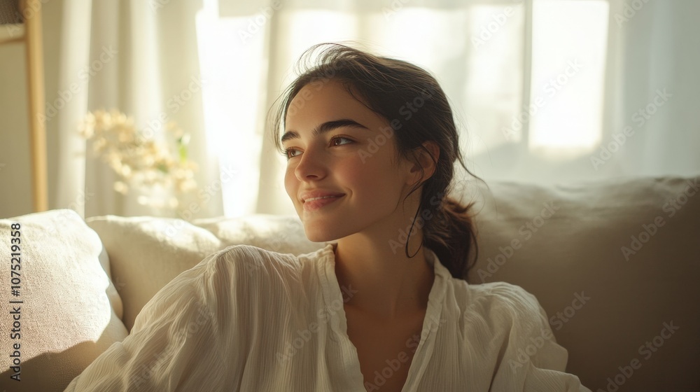 Woman with dark hair smiling at friend on light sofa, minimalistic room, daylight through window, Woman with dark hair smiling at friend on light sofa, minimalistic room, daylight through window,